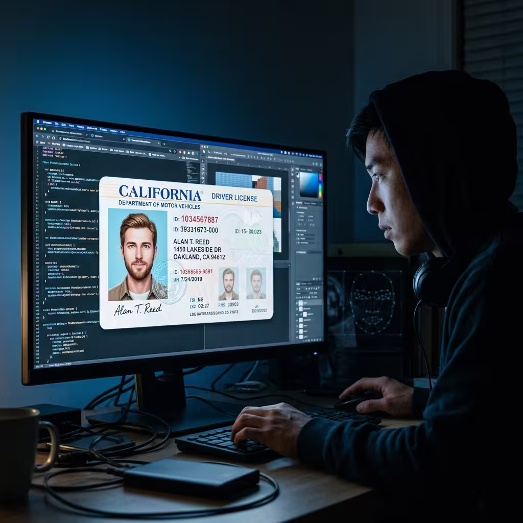 A computer screen showing a realistic AI-generated identity card, illustrating the challenges of deepfake fraud in AI Fraud Detection.