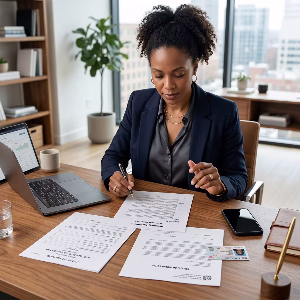 A woman is reviewing the documents needed to open business bank account
