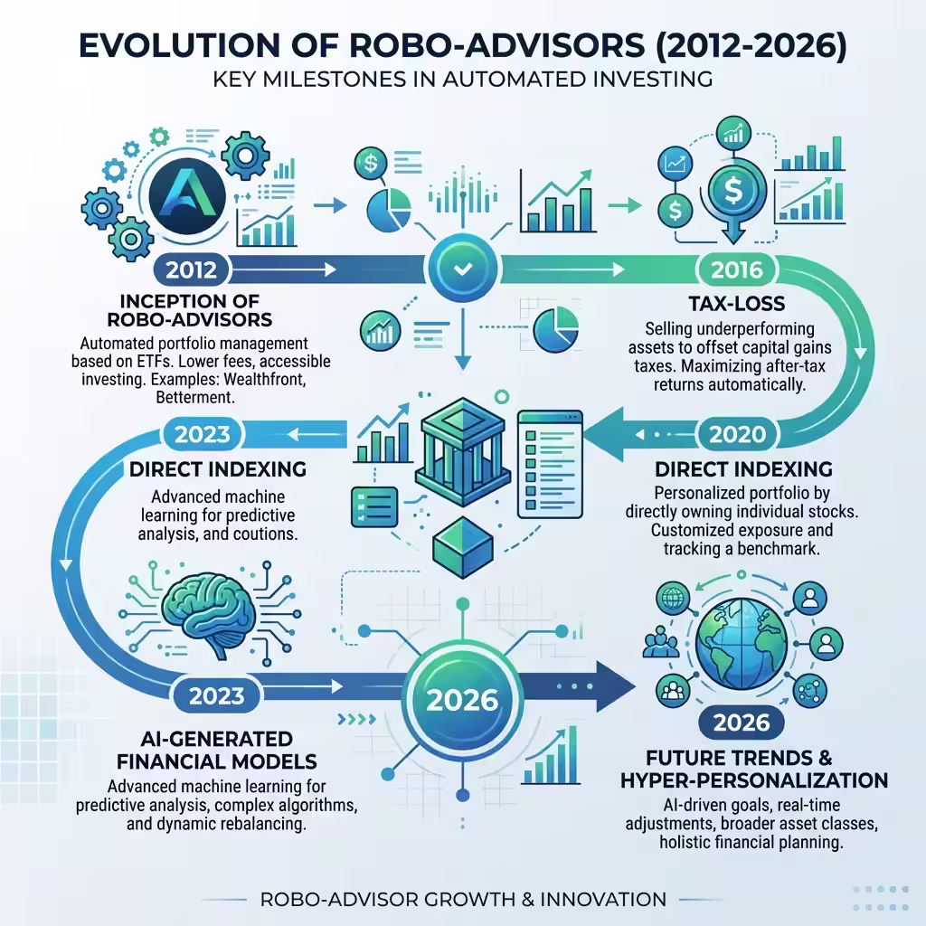 An infographic detailing the evolution of robo-advisors from 2012 to 2026, emphasizing milestones like direct indexing and Generative AI wealth management advancements.