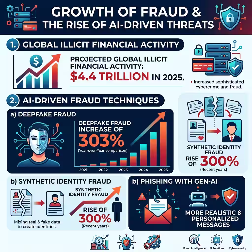An infographic showing the rise of global financial fraud and the role of AI Fraud Detection in combating these threats.