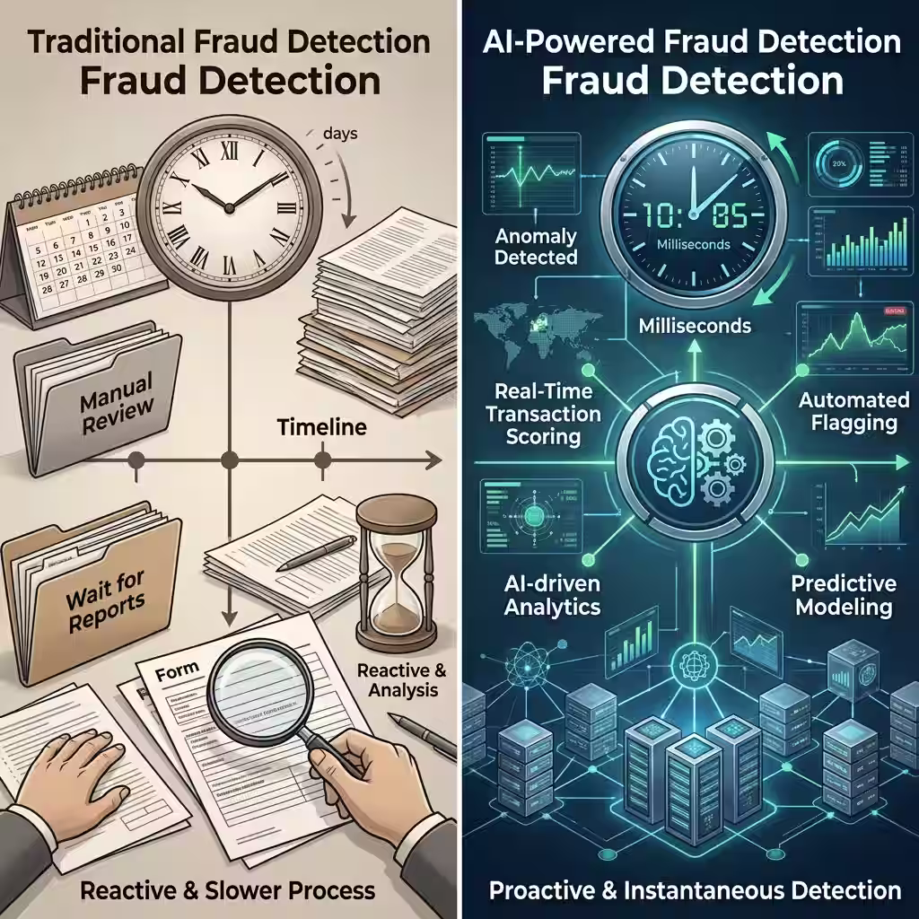 A split-screen infographic comparing traditional fraud detection methods with AI Fraud Detection, highlighting speed and efficiency differences