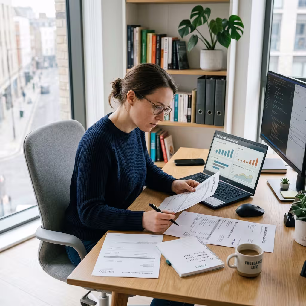A freelancer reviewing statements and drawing a comparison between freelancer bank account vs personal account.