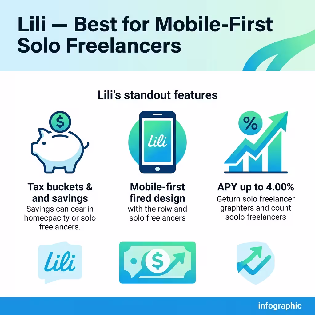 An infographic emphasizing Lili's mobile-first design, tax buckets, and high APY, making it one of the best digital banking apps for freelancers.