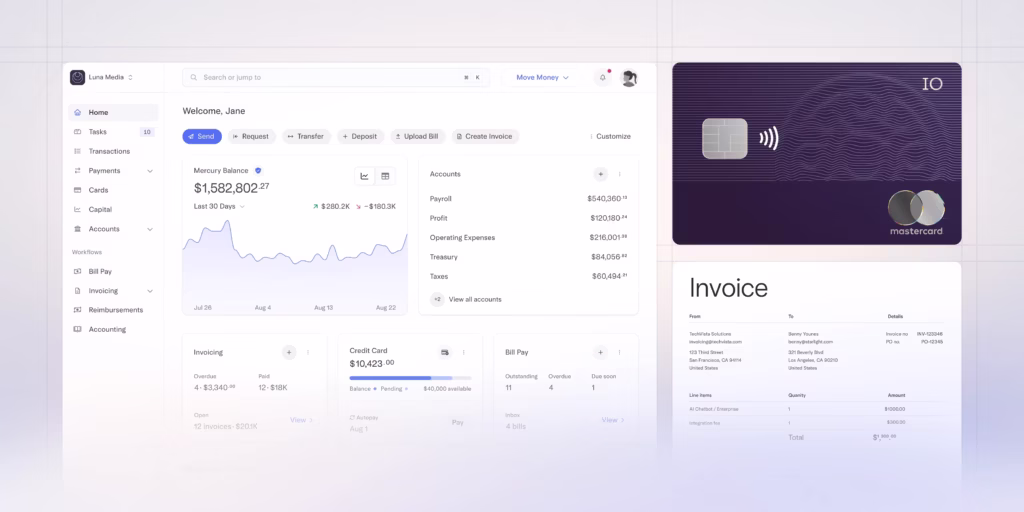 Mercury's dashboard can be seen. Its considered as one of the best digital banking app for freelancers
