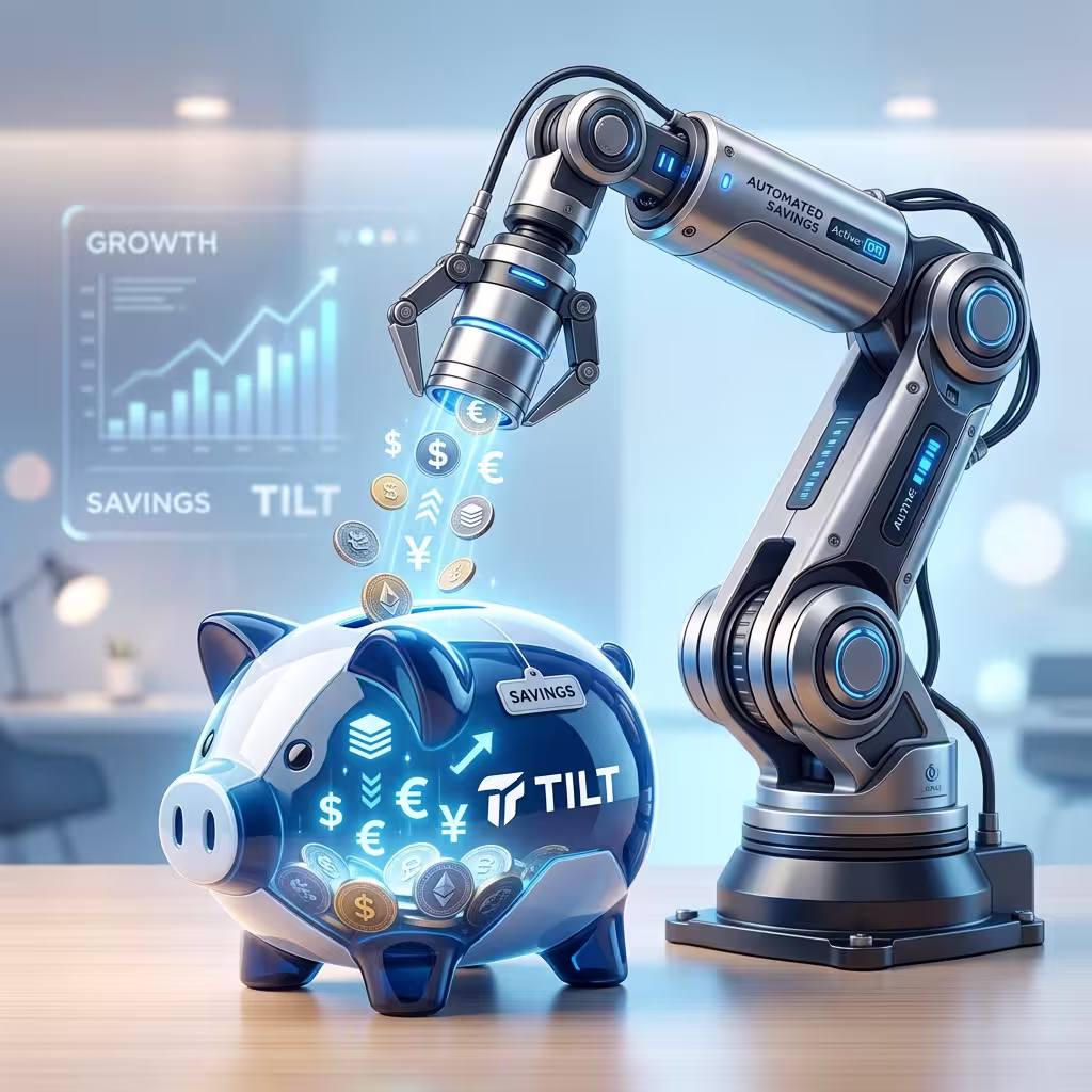 A futuristic 3D illustration of a robotic arm depositing digital currency coins into a transparent, glowing piggy bank, representing an AI budgeting app's automated financial growth and smart savings technology.