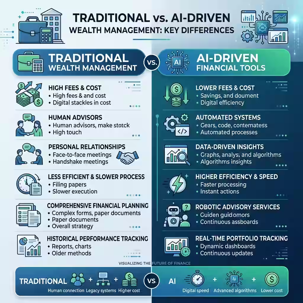A side-by-side infographic comparing traditional wealth management services with AI-driven tools, highlighting the efficiency and personalization of Generative AI wealth management