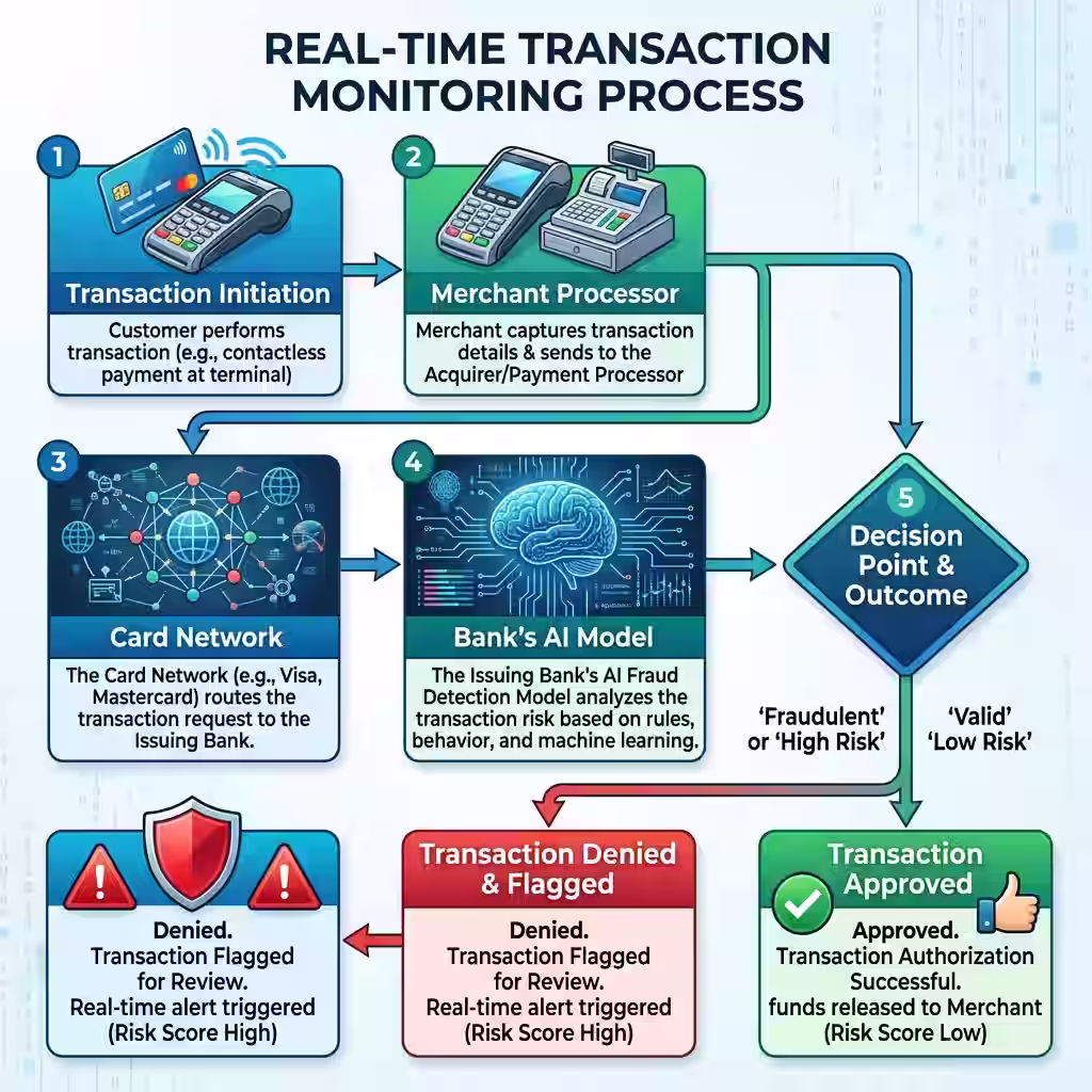 A flowchart explaining the real-time transaction monitoring process powered by AI Fraud Detection, from card tap to transaction approval.