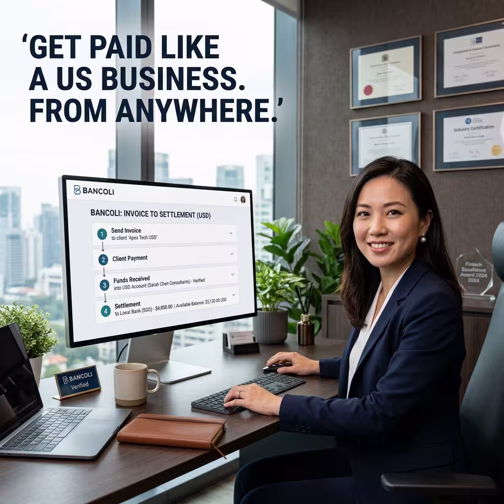 Non-US freelancer using Bancoli's named USD account to simplify how to receive international payments as a freelancer without being based in the US.