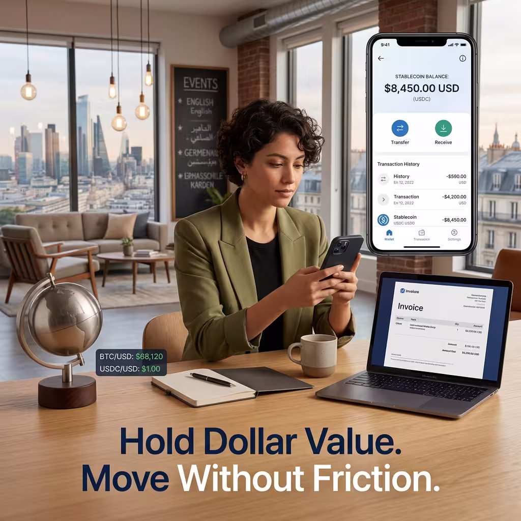 Digital nomad freelancer using Due's stablecoin wallet to hold dollar value — a practical solution for how to receive international payments as a freelancer in high-inflation markets.