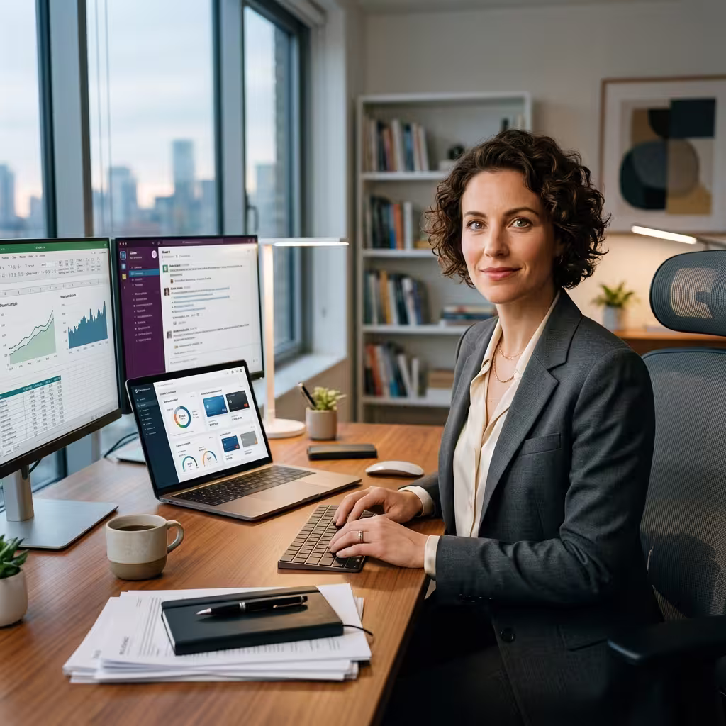 An elegant woman using various virtual cards for freelancers with cashback for corporate SaaS Tech purchases for her company and saves a ton