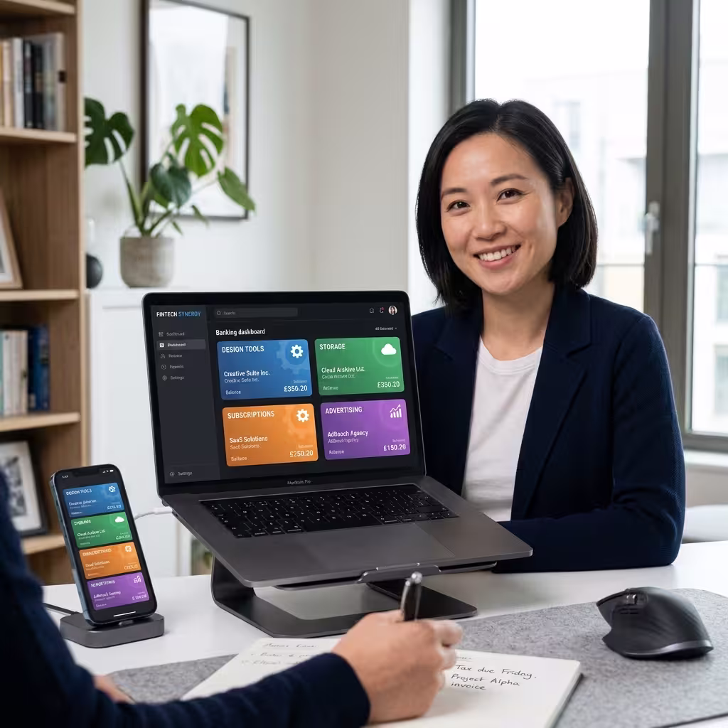 A female freelance contractor seems happy as she is using multiple virtual business cards for freelancers to manage her clientele.