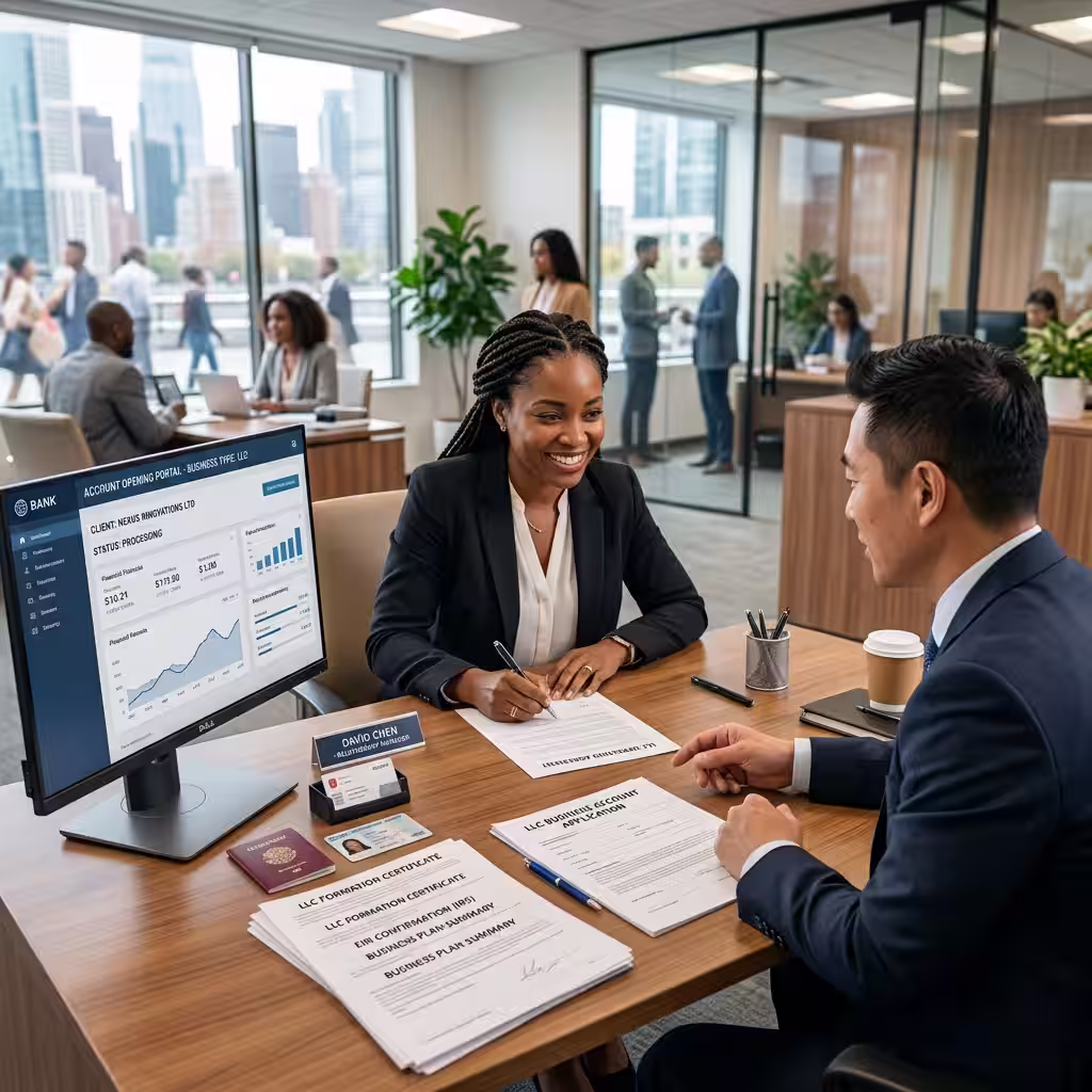 Entrepreneur organizes formation documents and ID requirements for sole proprietor vs llc bank accounts at a desk.