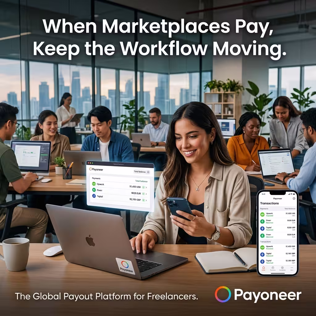 Marketplace freelancer using Payoneer to collect global platform payouts — a common path for how to receive international payments as a freelancer through third-party marketplaces.