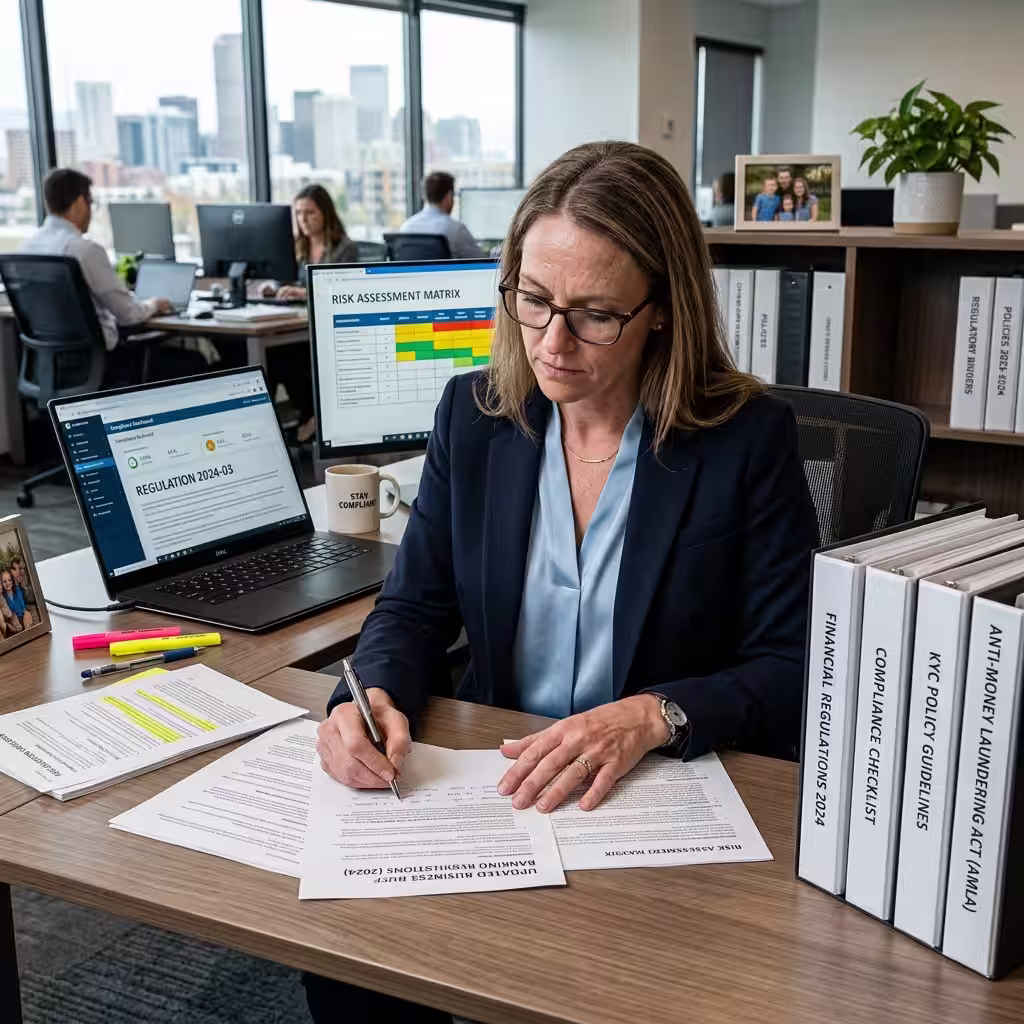 Compliance professional reviews updated policies and dashboards related to sole proprietor vs llc bank accounts in a US office.