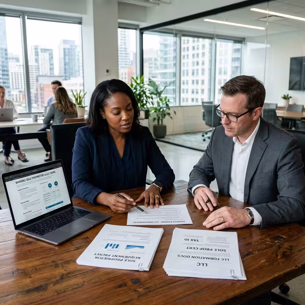 Consultants discuss sole proprietor vs llc bank accounts while reviewing business paperwork and a laptop in a bright office.