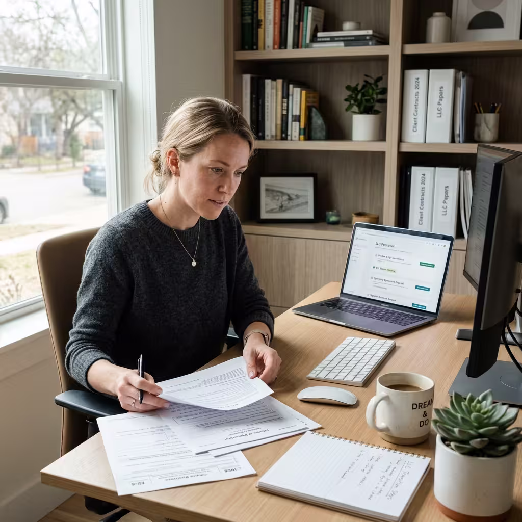 Entrepreneur reviews LLC formation paperwork while researching sole proprietor vs llc bank accounts from a home office.