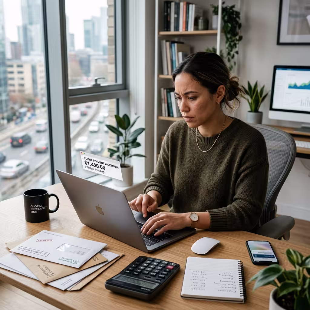 A female seems distressed dealing with the tax bill. Not realizing how automate quarterly freelance tax savings can save her from such headaches.