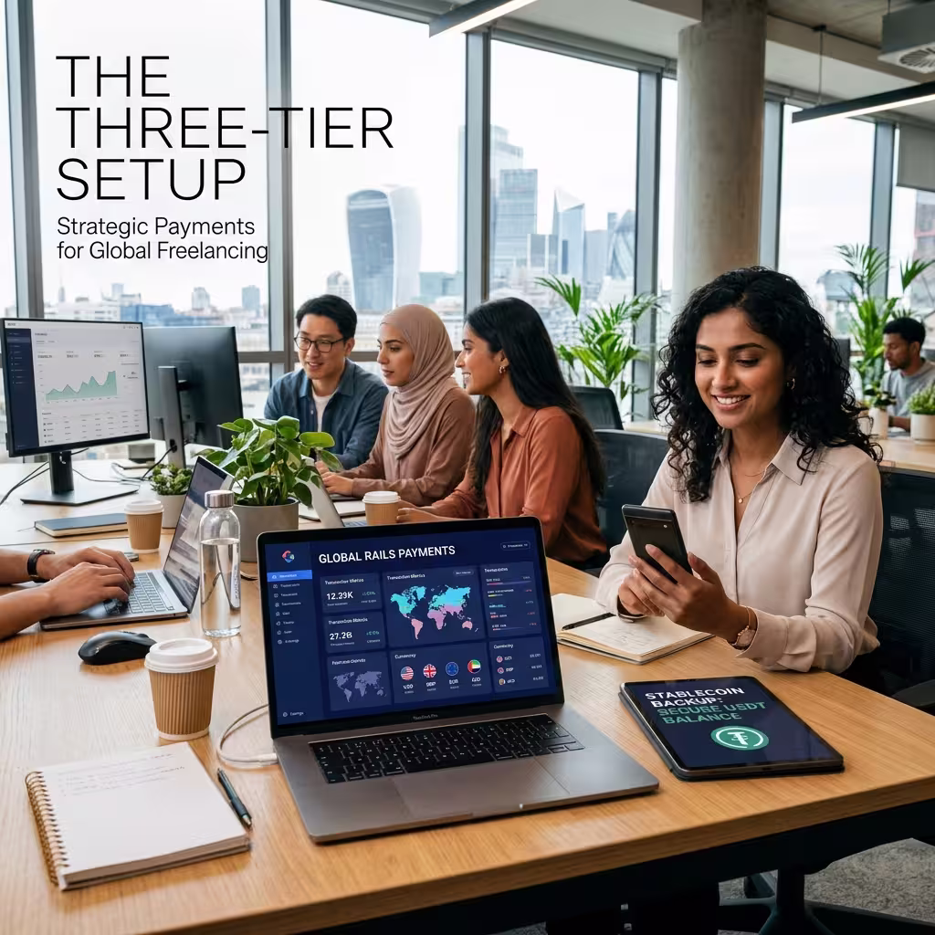 Three-tier payment setup across laptop, phone, and card — a structured approach to how to receive international payments as a freelancer at the lowest cost.