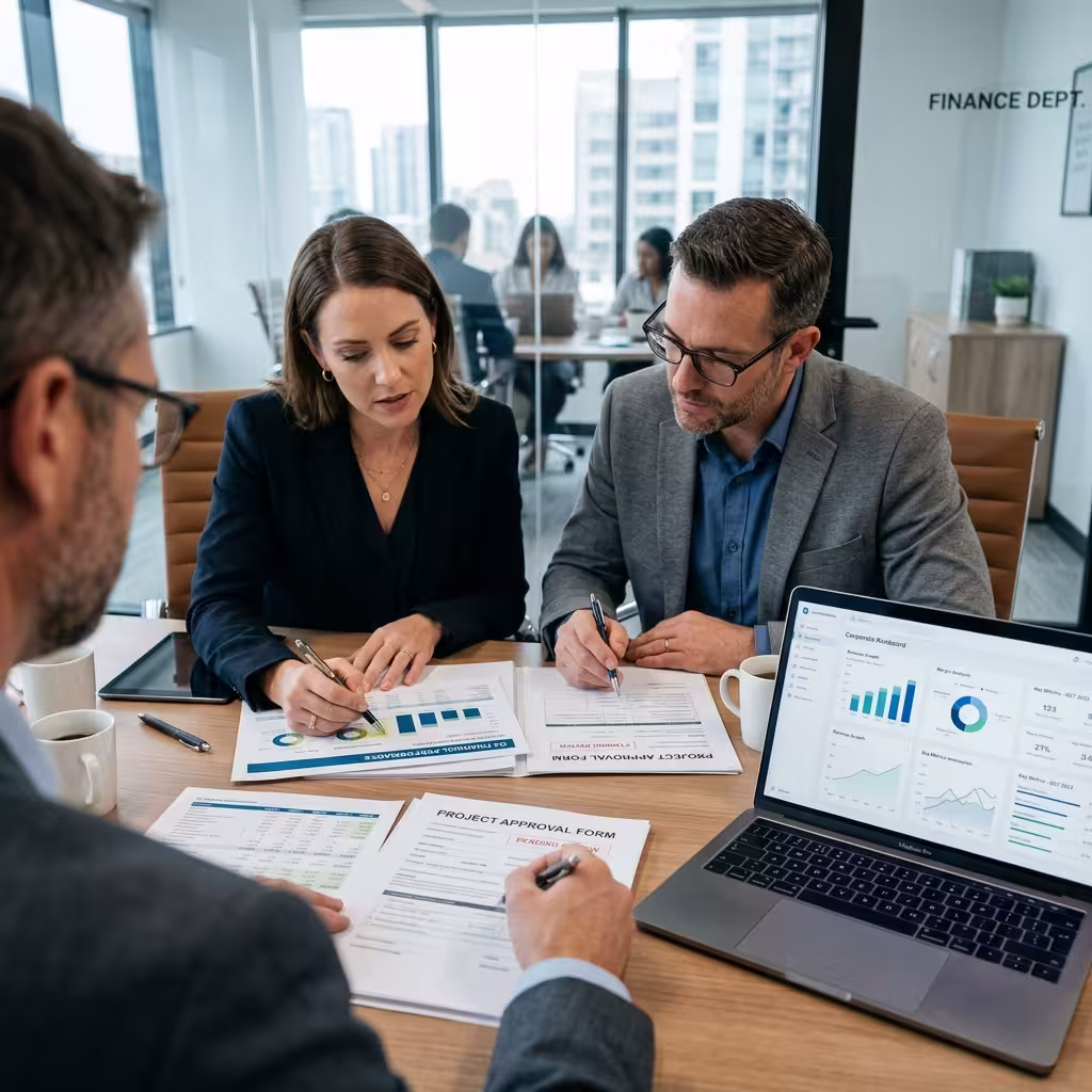 Finance professionals reviewing printed financial reports and approval documents beside a laptop dashboard in a modern office