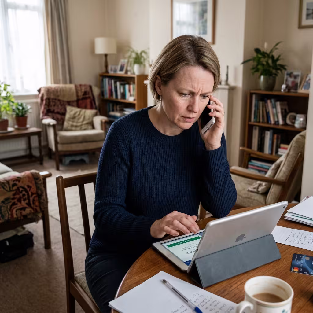 Customer on a tense phone call manually authorizing a bank transfer on their device, illustrating how authorized push payment scams drive FedNow real-time payment fraud.