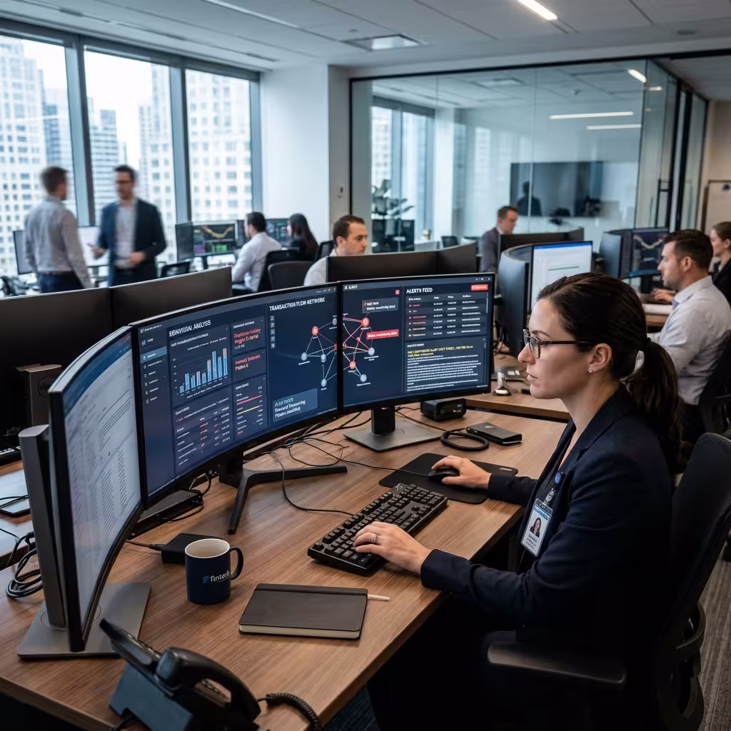 Fraud analyst using AI-assisted investigation tools on multiple screens to review suspicious activity and speed up FedNow real-time payment fraud detection.