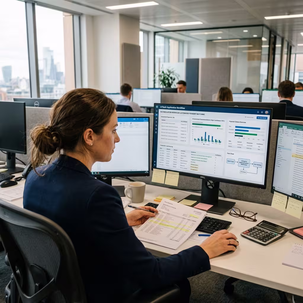 Analyst matching bank payments to invoices with remittance documents and reconciliation data on screen