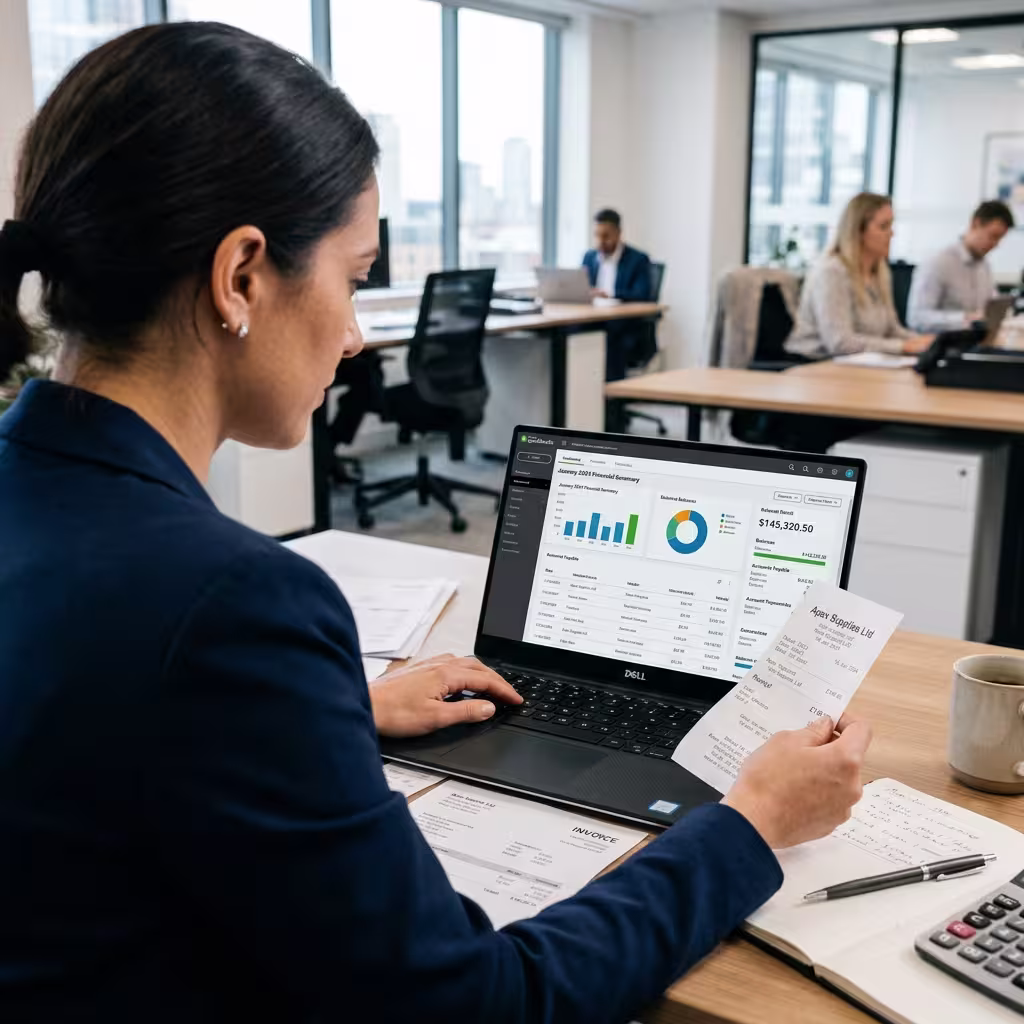 A woman manually doing data entry into a bookkeeping software.
