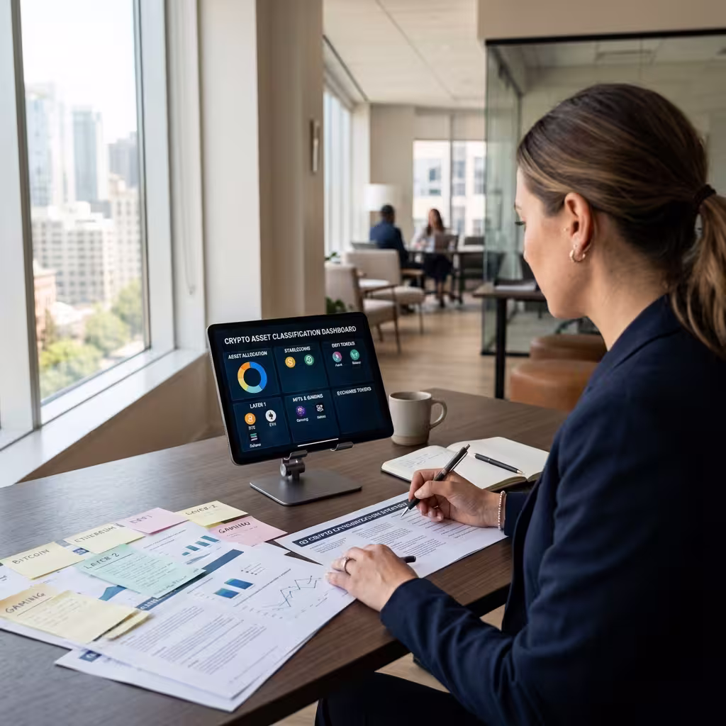 A strategist sorts printed crypto asset category notes while referencing a tablet with a classification dashboard.