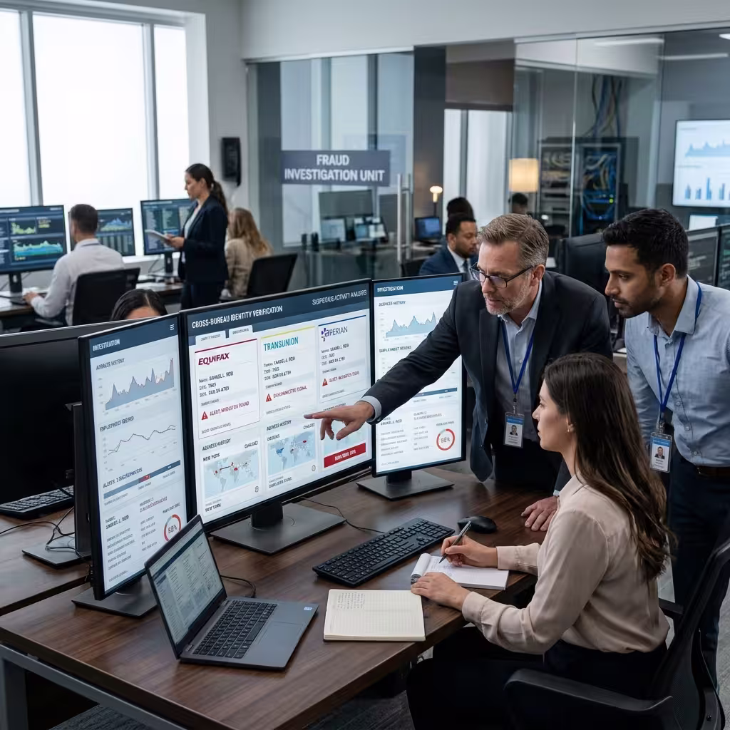 Fraud team using cross-bureau tools to detect synthetic identity theft during account reviews.