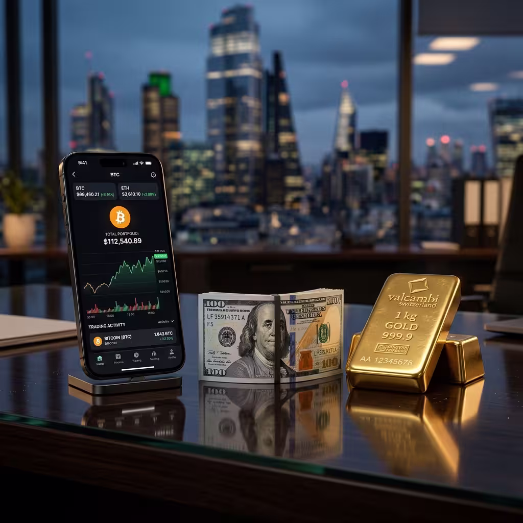 A cinematic shot of mobile phone where we can see bitcoin trading going on. along with stack of dollar currency notes and a gold bar. 