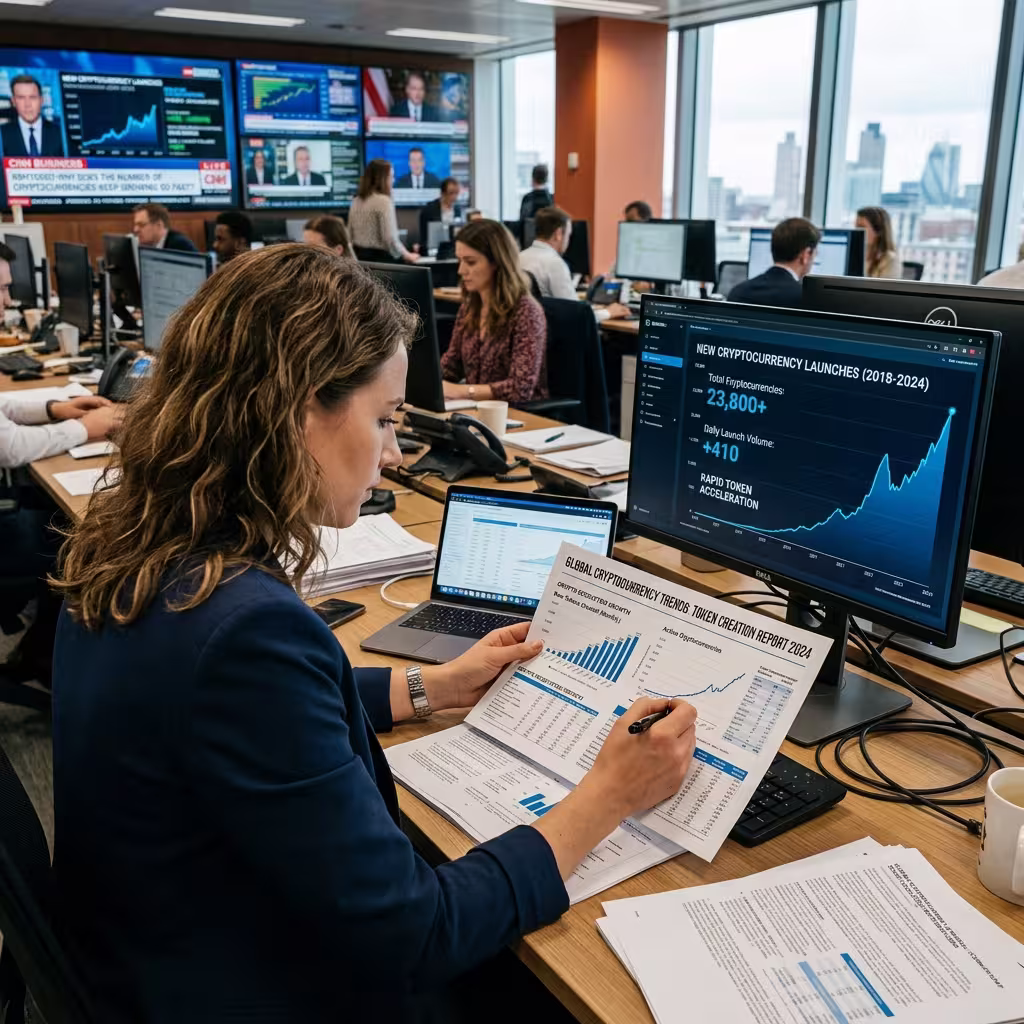 Why are there so many cryptocurrencies? A researcher reviews a printed crypto growth report while an upright monitor shows rising digital asset creation trends in a modern office.