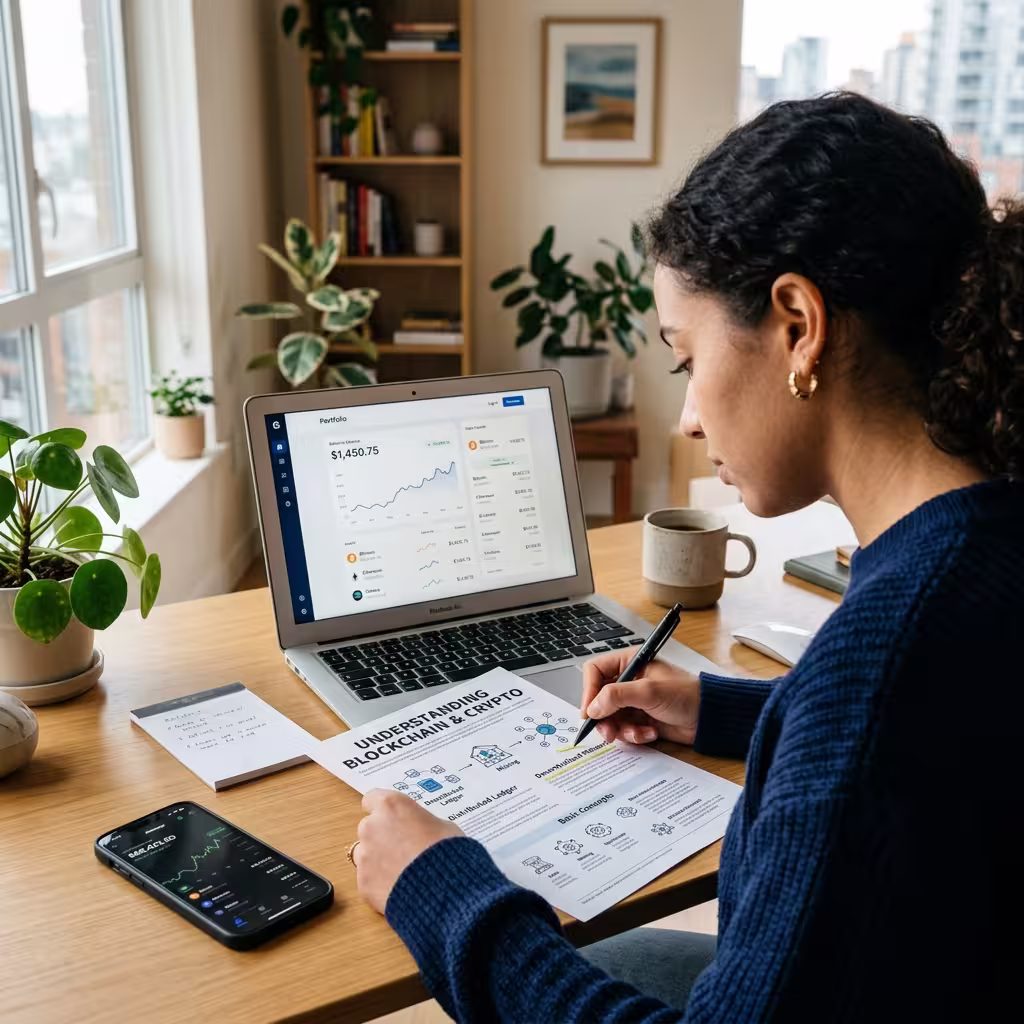 Beginner exploring "What is cryptocurrency and how does it work" on a laptop while taking notes at a desk.