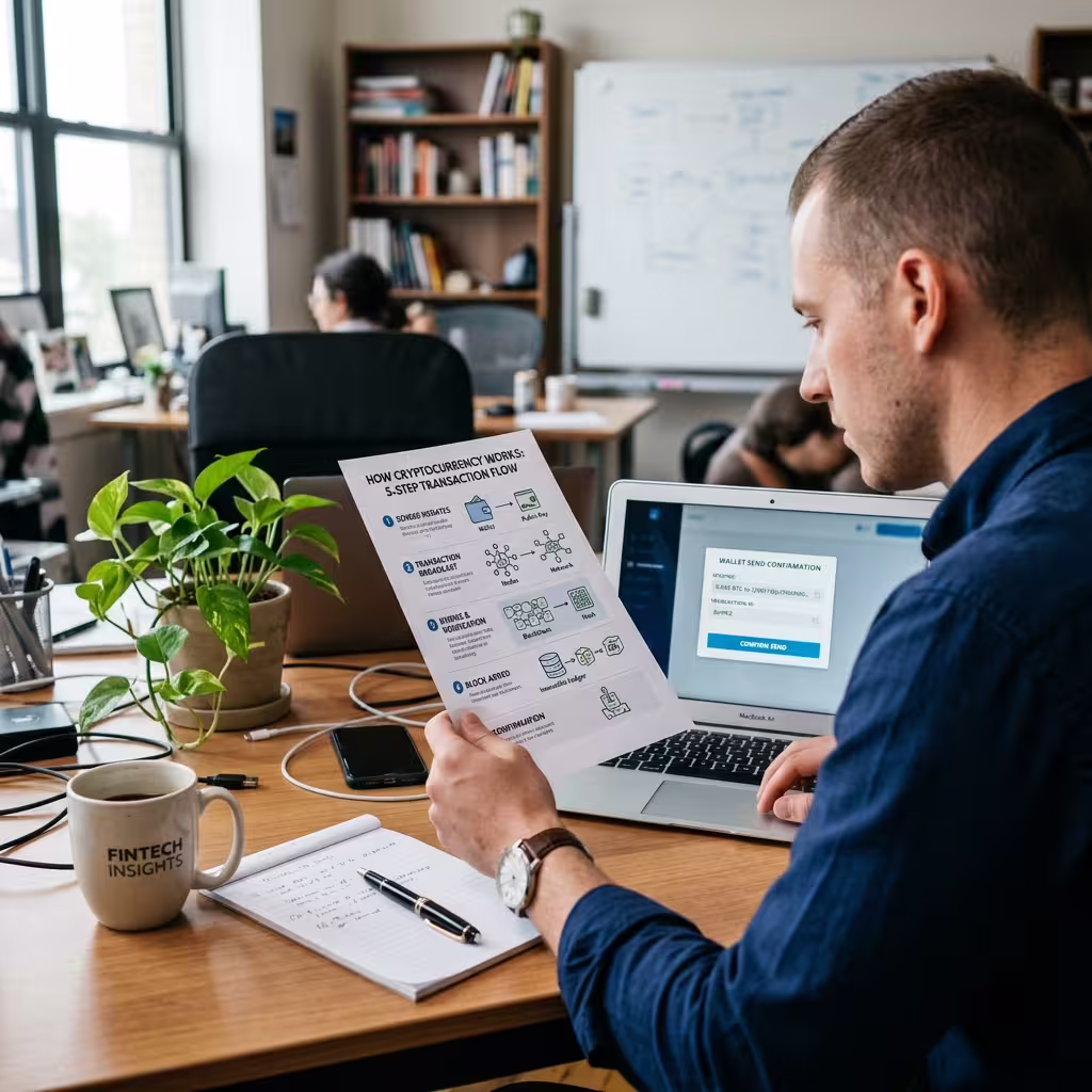 A person learning about cryptocurrency 5 working steps. 
