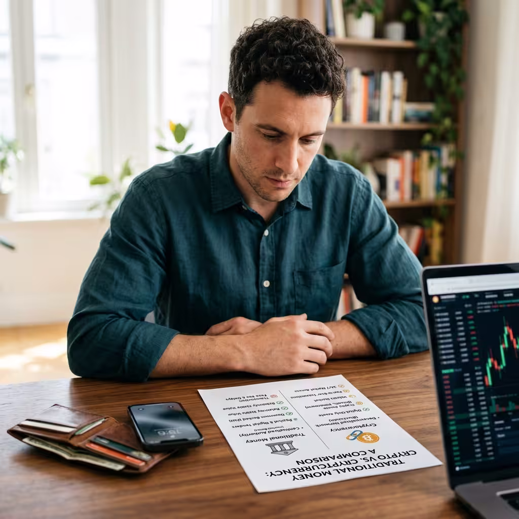 A person learning thoroughly about the crypto vs regular money.