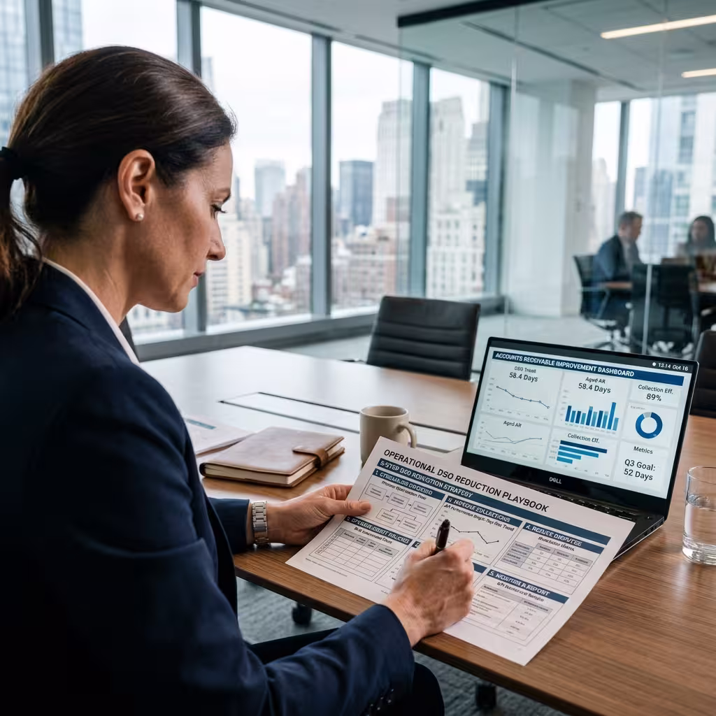 Finance leader planning a five-step DSO reduction strategy using reports, notes, and a laptop dashboard