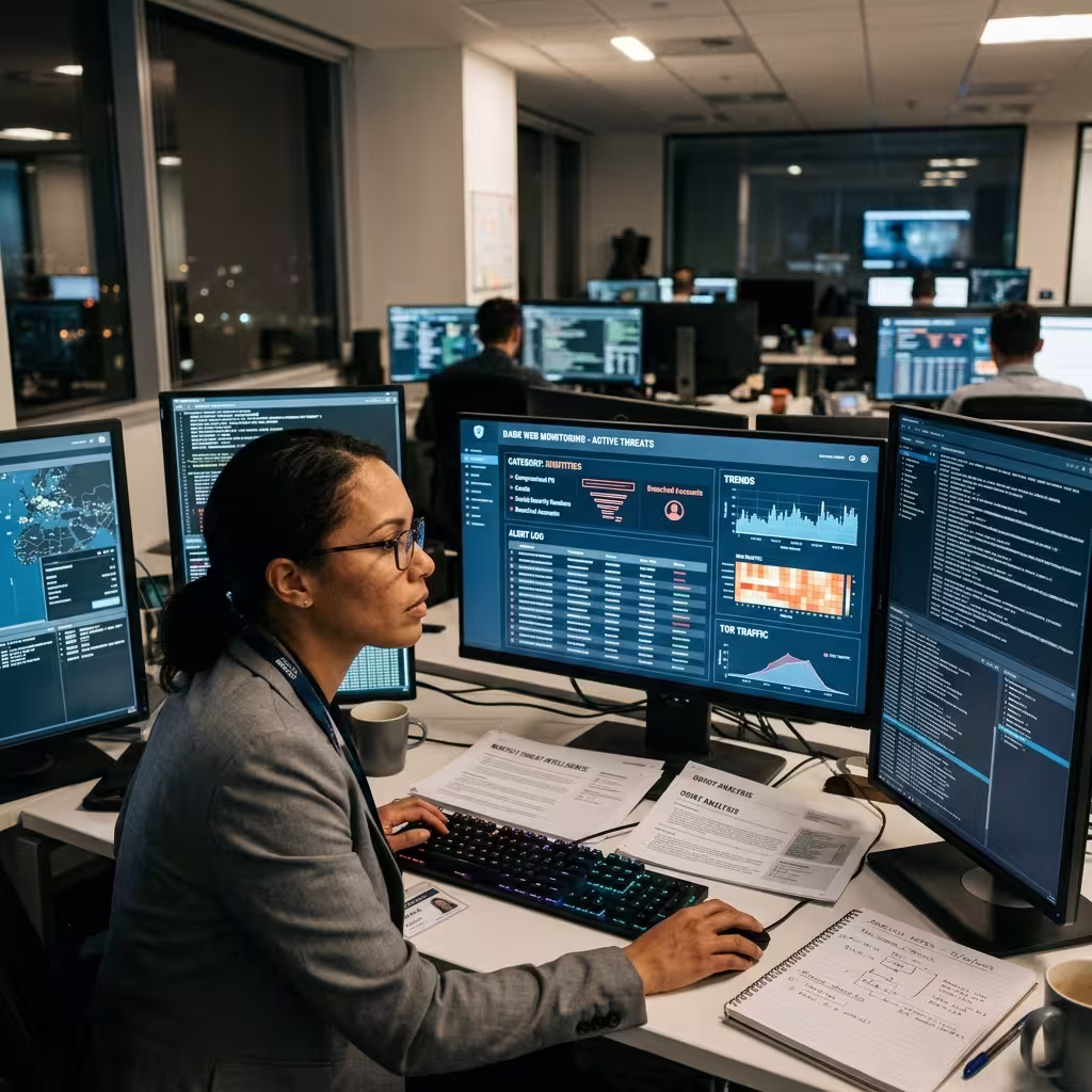 A female financial analyst evaluating identity theft protection with dark web monitoring.