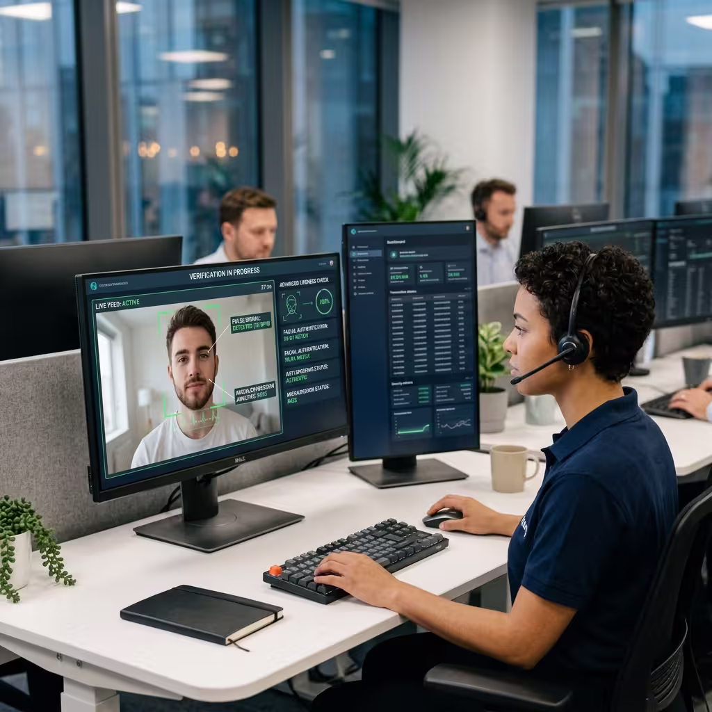Bank's fraud analyst spotting possible deepfake scams reviewing under the potential synthetic identity theft