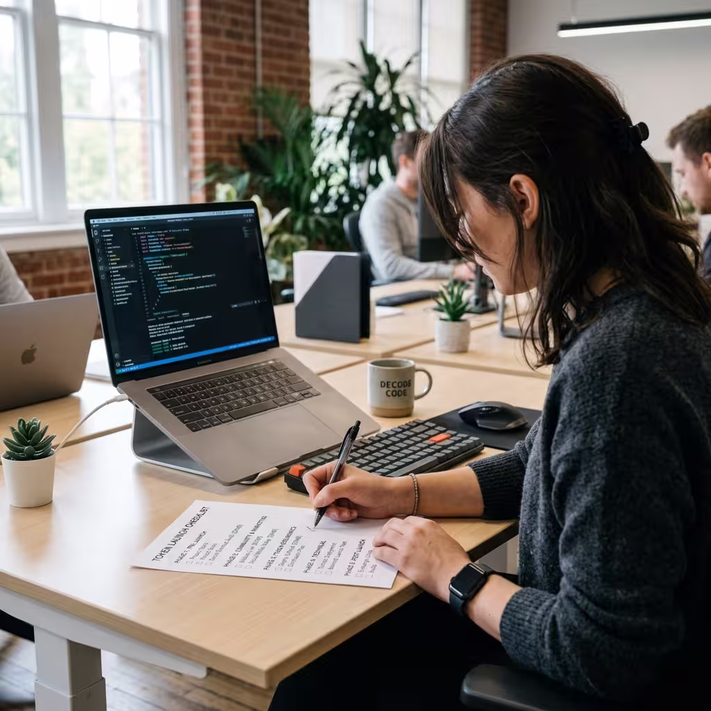 A developer studies a printed token launch checklist while working on an upright laptop at a clean workstation.