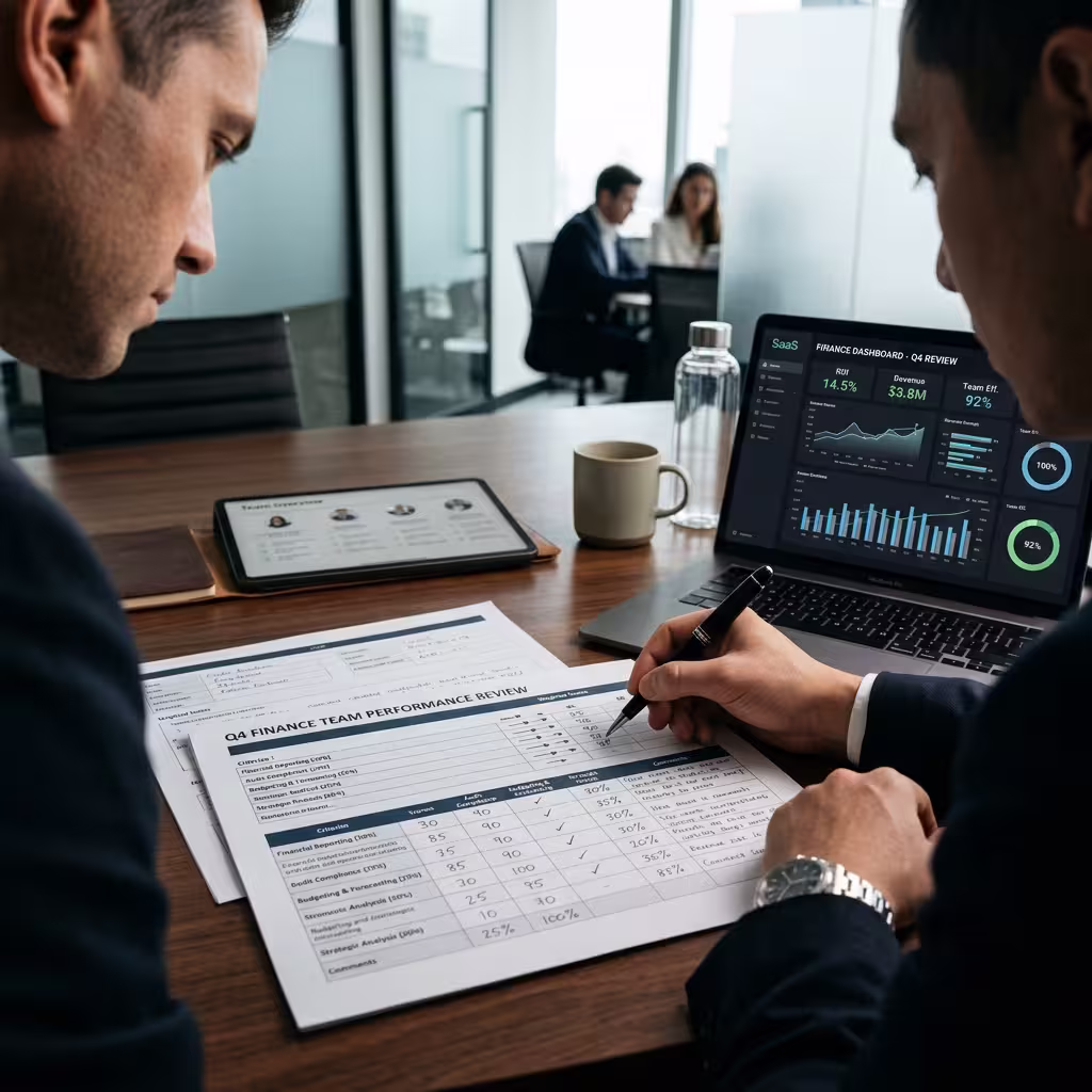  Executive reviewing a weighted scoring sheet and consolidation criteria for AI Financial Reporting Software