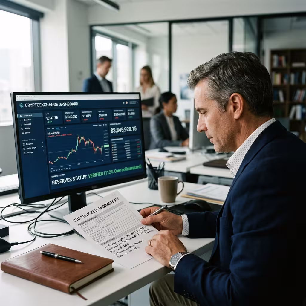 Investor reviewing a printed custody risk worksheet beside an upright exchange account dashboard