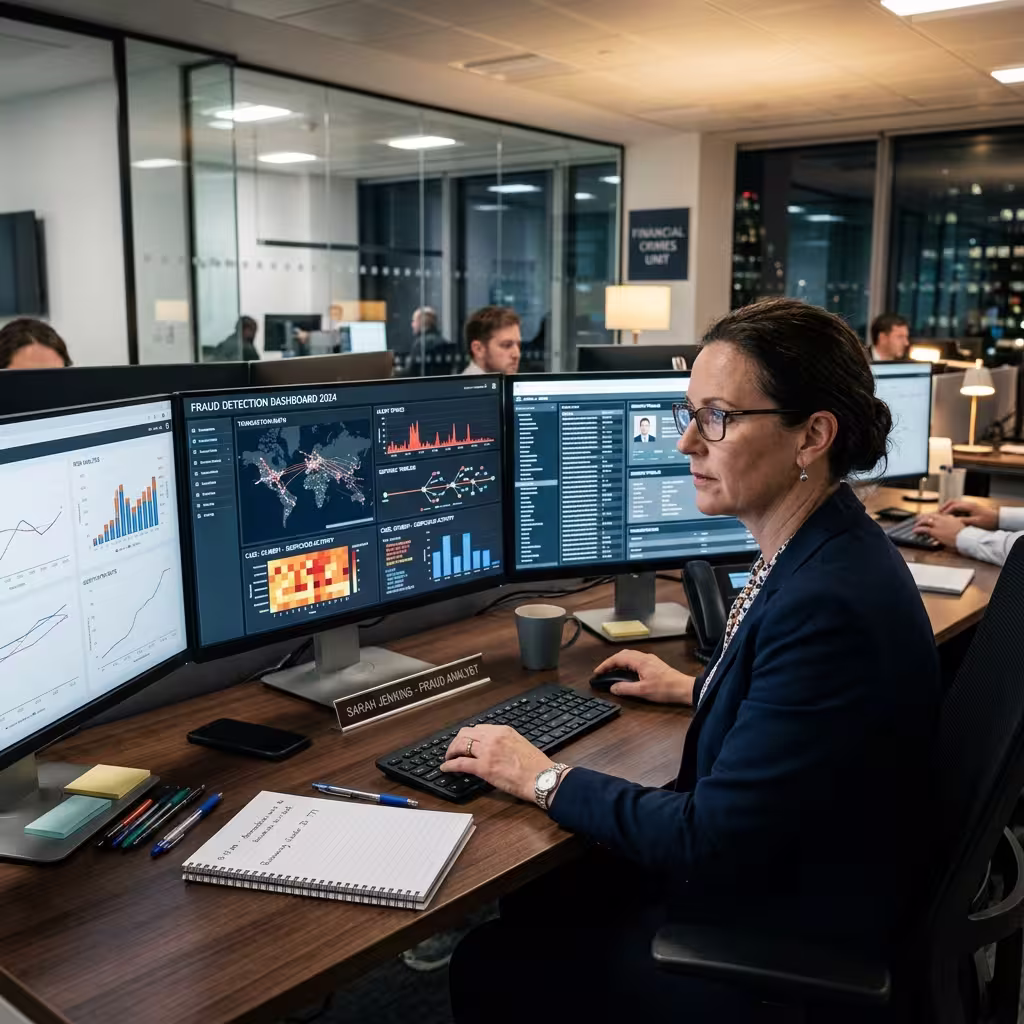 Fraud analyst in a bank office investigating synthetic identity theft cases on screen.