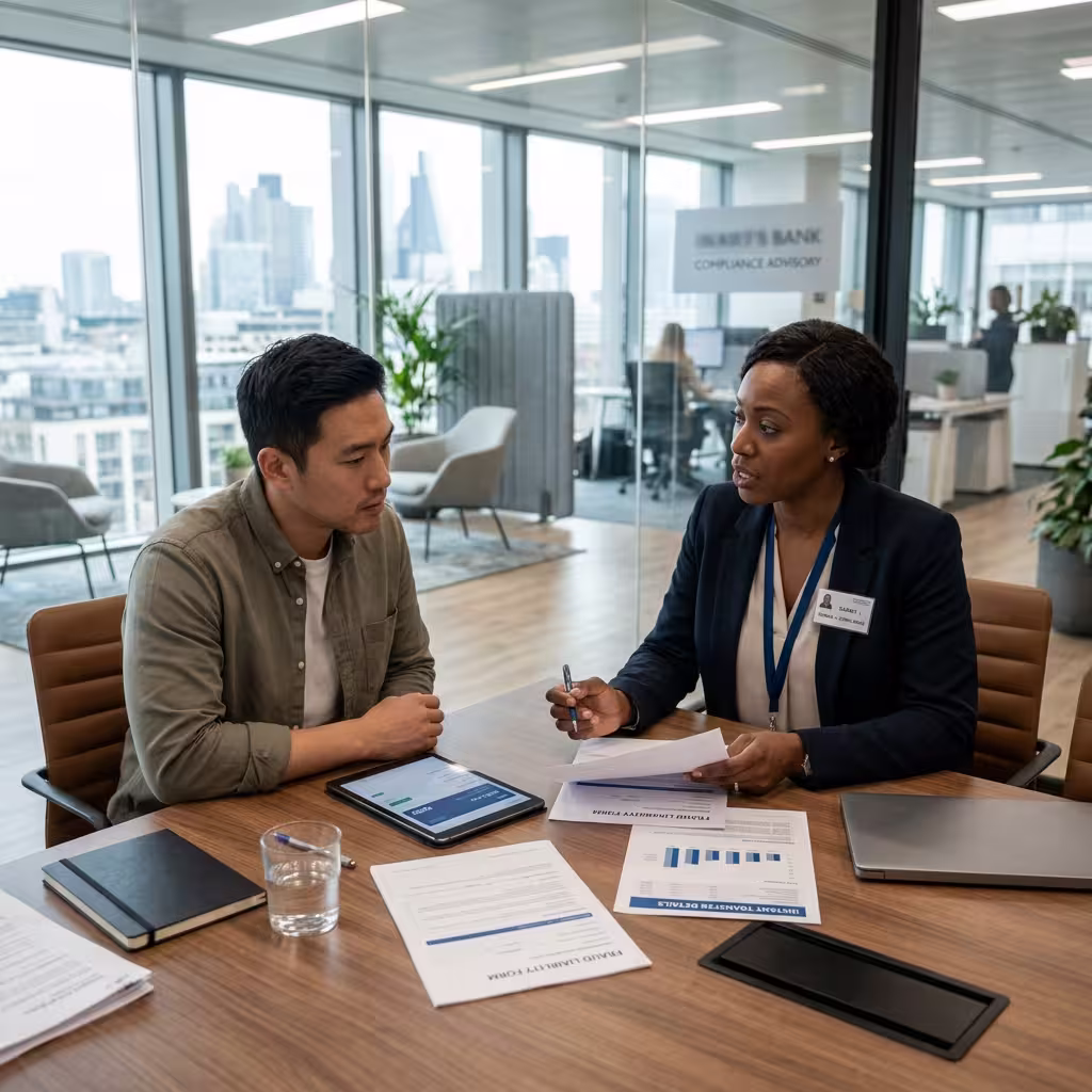 Consumer and bank representative discussing fraud liability across a desk, reviewing who pays when a scam-related instant transfer goes through.
