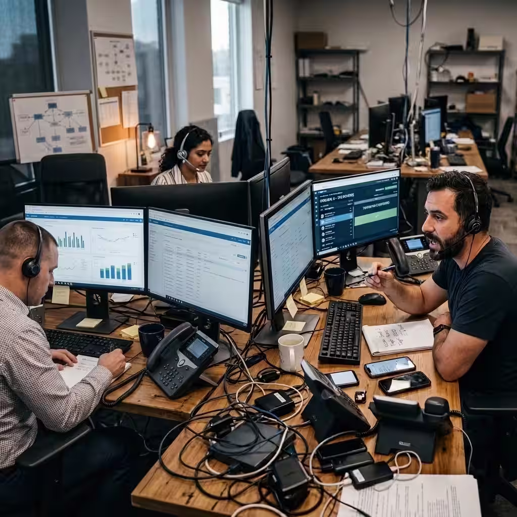 Cybersecurity team in a control room reviewing voice authentication data to stop AI Generated Voice Scams.