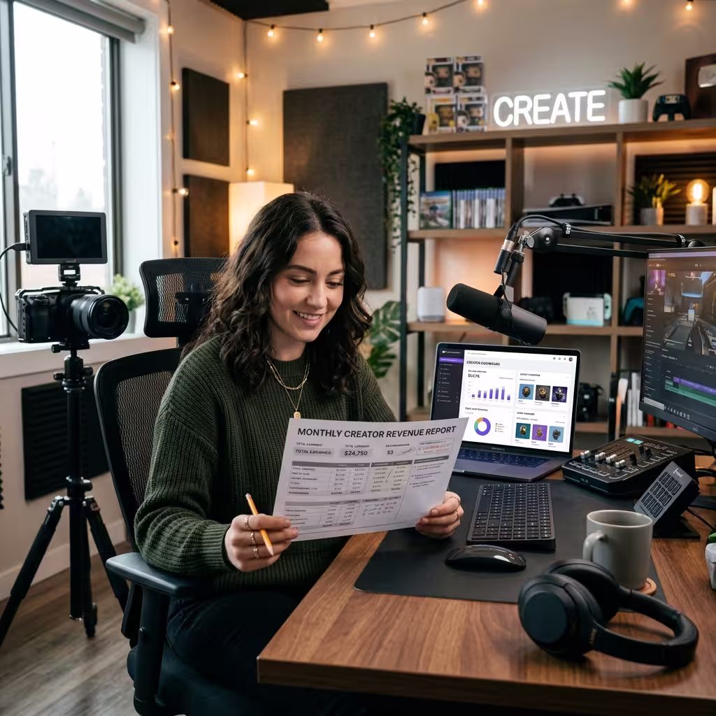 Content creator reviewing revenue documents and a laptop dashboard for digital ownership and creator earnings.