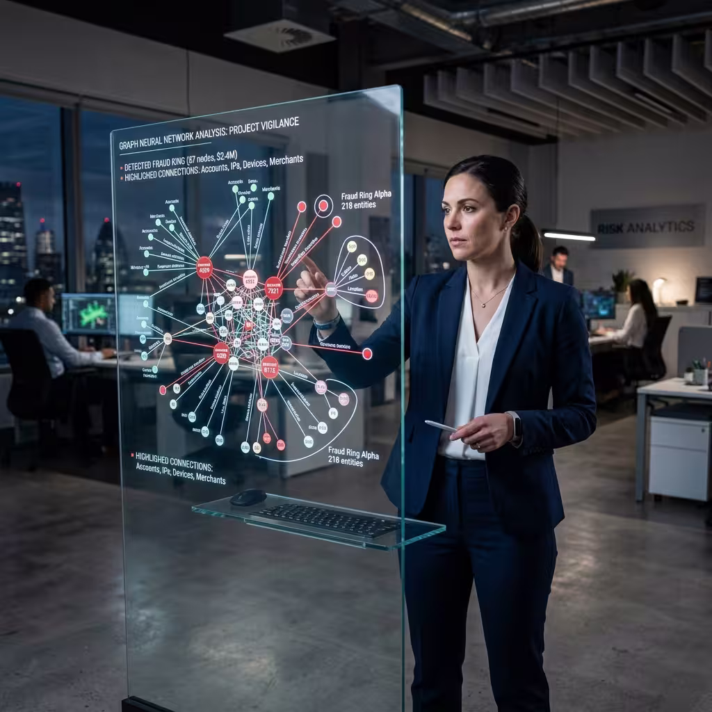 How does AI detect financial fraud rings by mapping links between accounts, devices, and merchants with a GNN