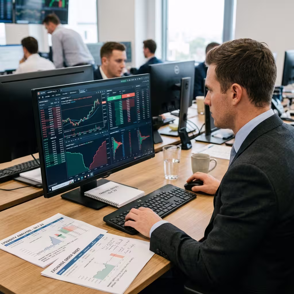 A male financial analyst assessing cryptocurrency and finding the best opportunity to liquidate assets. 