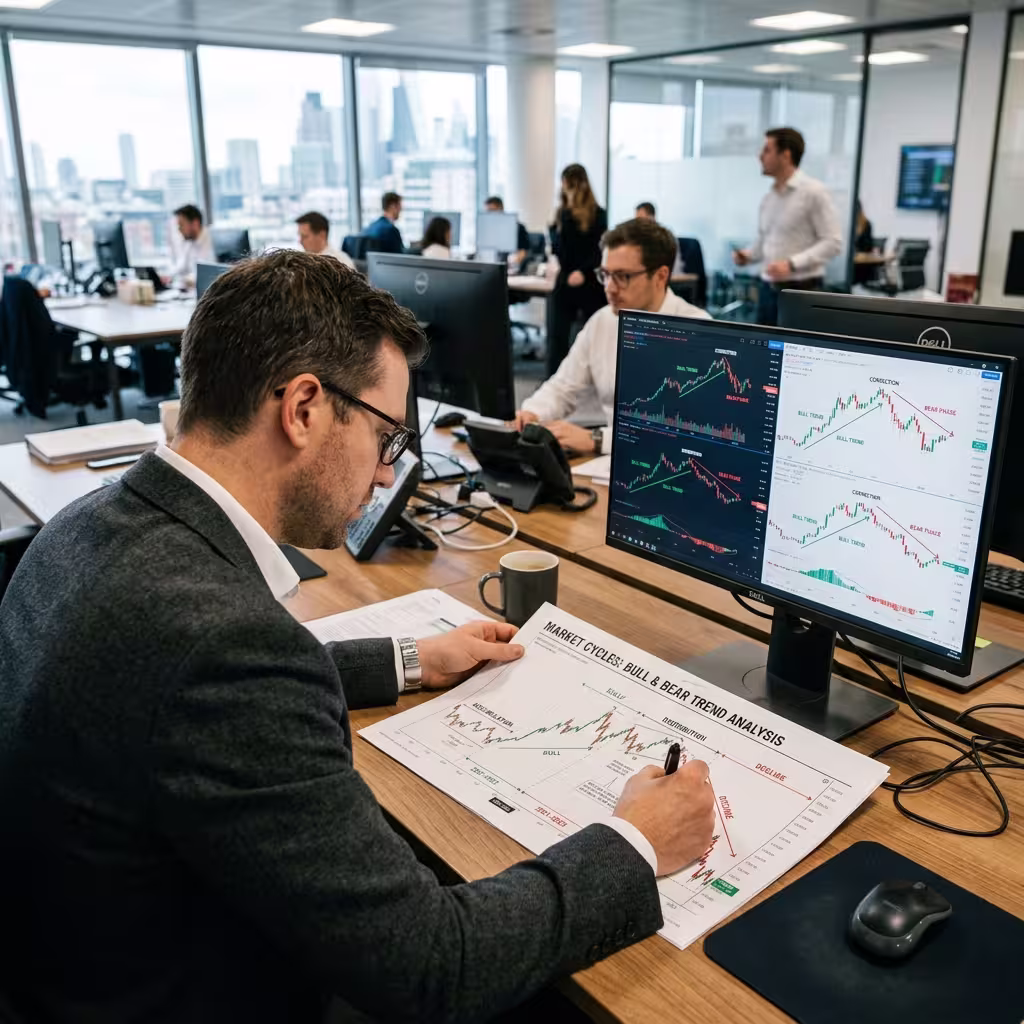 A market analyst reviews a printed bull and bear cycle chart with an upright screen showing changing crypto trends.