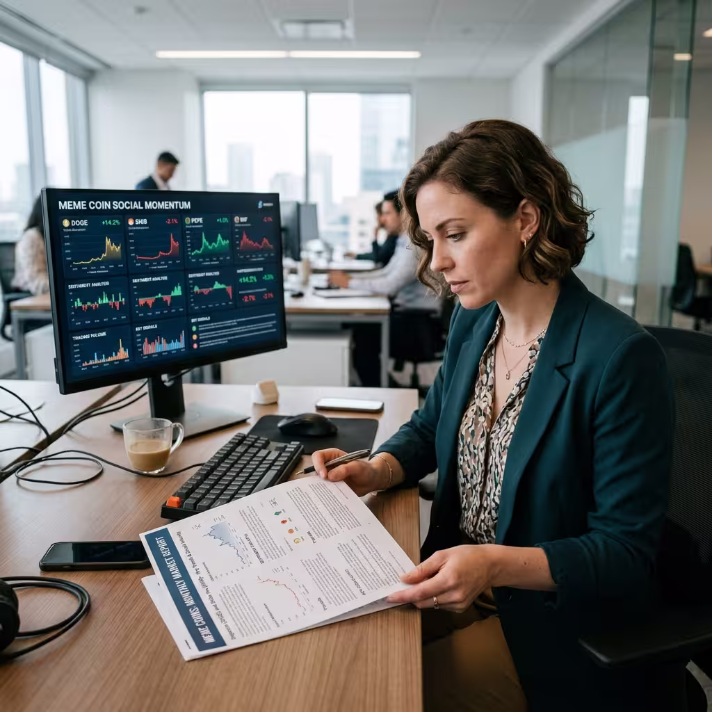 A market observer examines a printed meme coin trend report beside an upright monitor displaying social momentum data.