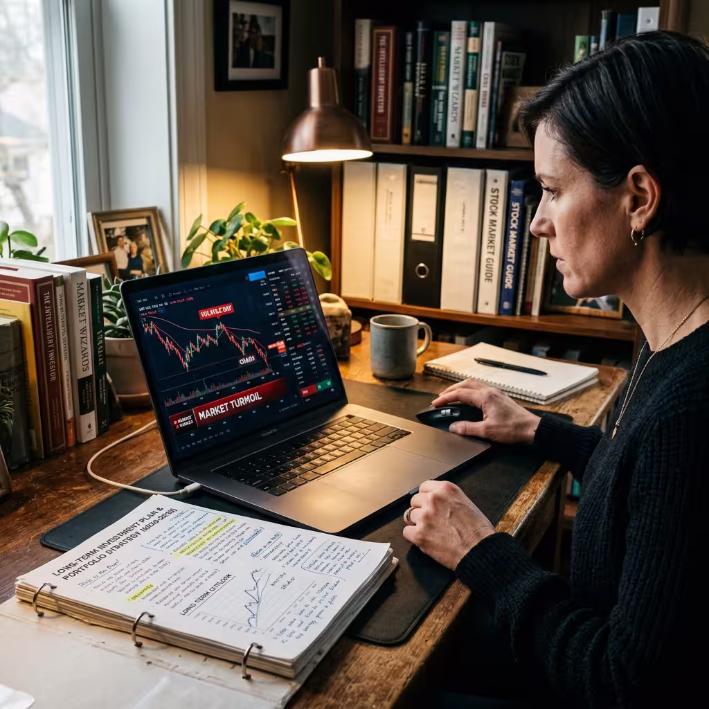 Investor pausing near the mouse while studying a written long-term plan and a market chart