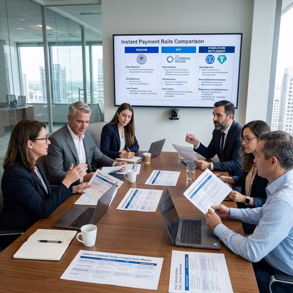 Financial professionals comparing FedNow, RTP, and stablecoin payment rails using printed sheets and screens to weigh settlement speed and fraud risk.